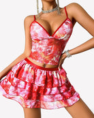Pink and red tie-dye lounge set with V-neck cami and tiered ruffle mini skirt