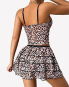 Leopard print lounge set with V-neck cami and tiered mini skirt, black trim, back view