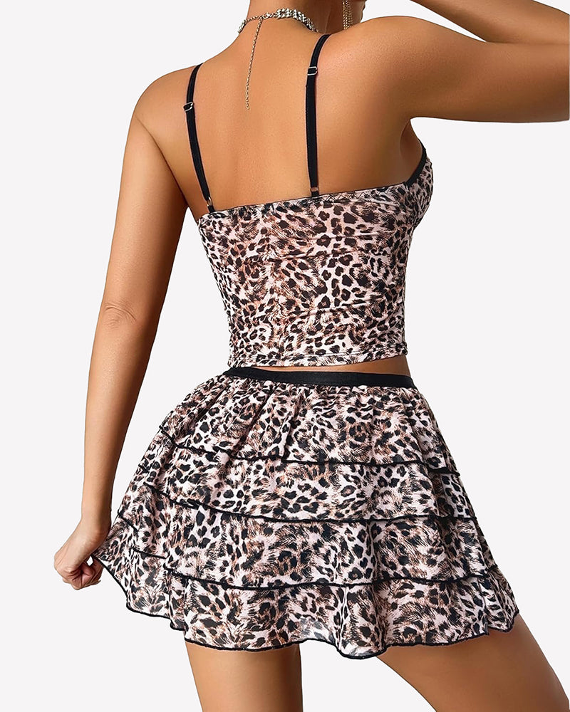 Leopard print lounge set with V-neck cami and tiered mini skirt, black trim, back view