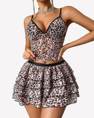 Leopard print lounge set with V-neck cami and tiered mini skirt, black waistband trim