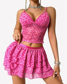Pink leopard print lounge set with V-neck cami and tiered ruffle mini skirt