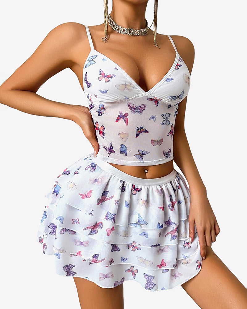 White butterfly print lounge set with V-neck cami and tiered ruffle mini skirt