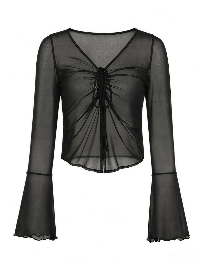 Black sheer mesh crop top with a tie front, V-neck, and long bell sleeves