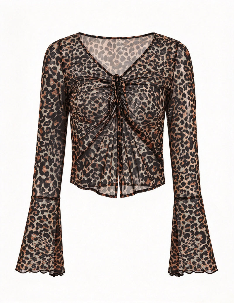 Leopard print sheer mesh crop top with a tie front, V-neck, and bell sleeves