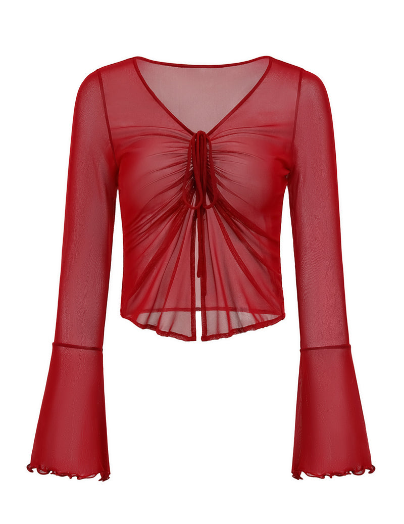 Red sheer mesh crop top with a tie front, V-neck, and long bell sleeves