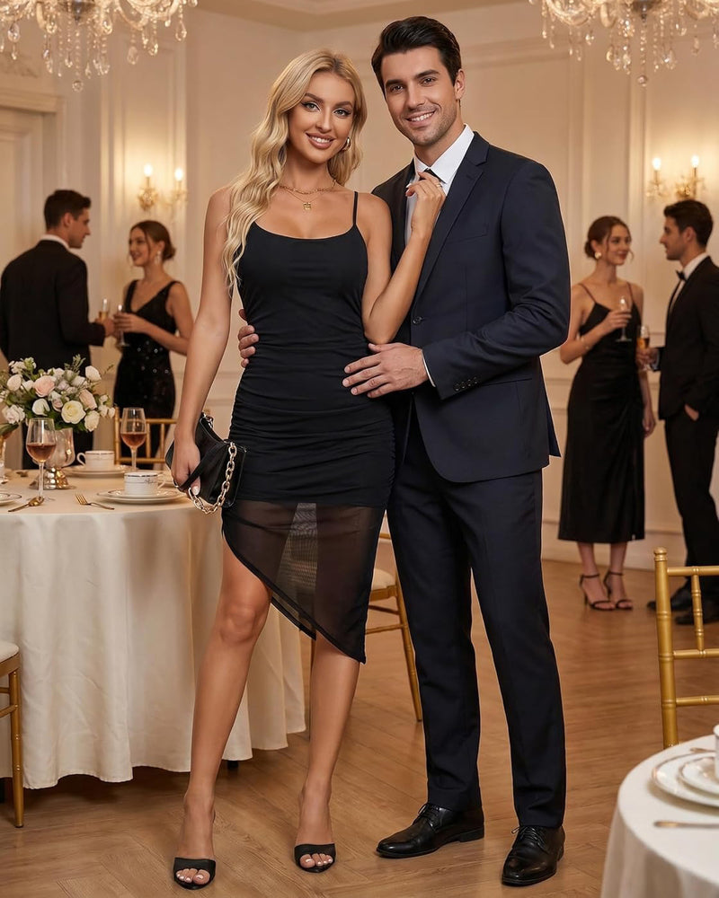 Ruched mesh bodycon midi dress in black, spaghetti straps, asymmetrical high slit