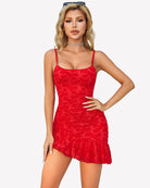 Red lace mini dress with spaghetti straps and ruffle hem, fitted bodice with flared mini skirt