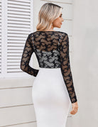 Black floral lace crop cover-up with V-neck and long sleeves, back view