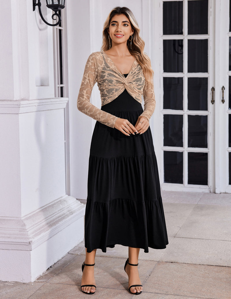 Beige floral lace crop cover-up with V-neck front knot and long sleeves