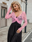 Pink floral lace crop cover-up with V-neck front knot and long sleeves