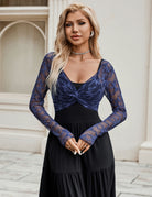 Navy floral lace crop cover-up with V-neck front knot and long sleeves