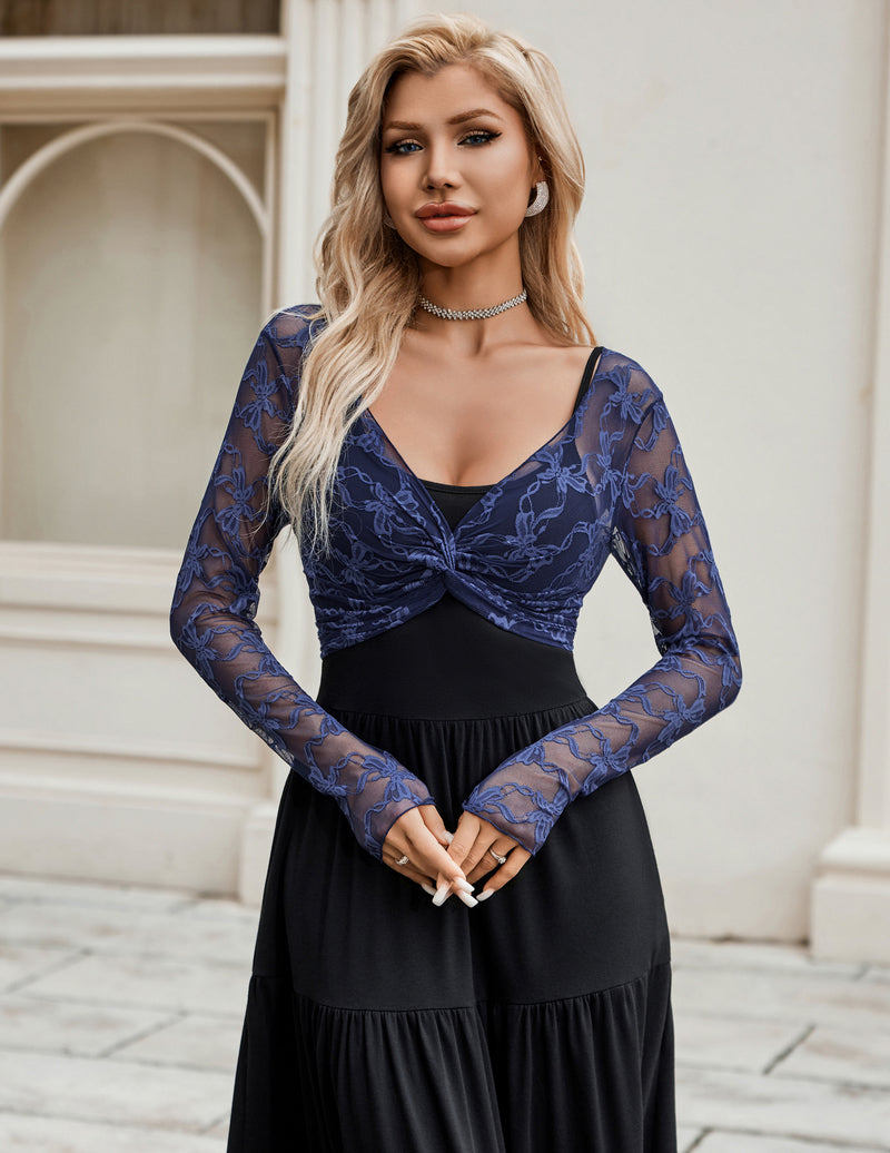 Navy floral lace crop cover-up with V-neck front knot and long sleeves