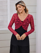 Wine red floral lace crop cover-up with V-neck front knot and long sleeves