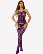 Purple fishnet body stocking with halter straps, cutout waist, and thigh-high legs