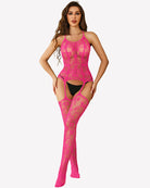 Neon pink fishnet body stocking with halter straps, cutout waist, and thigh-high legs