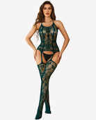 Green fishnet body stocking with halter straps, cutout waist, and thigh-high legs