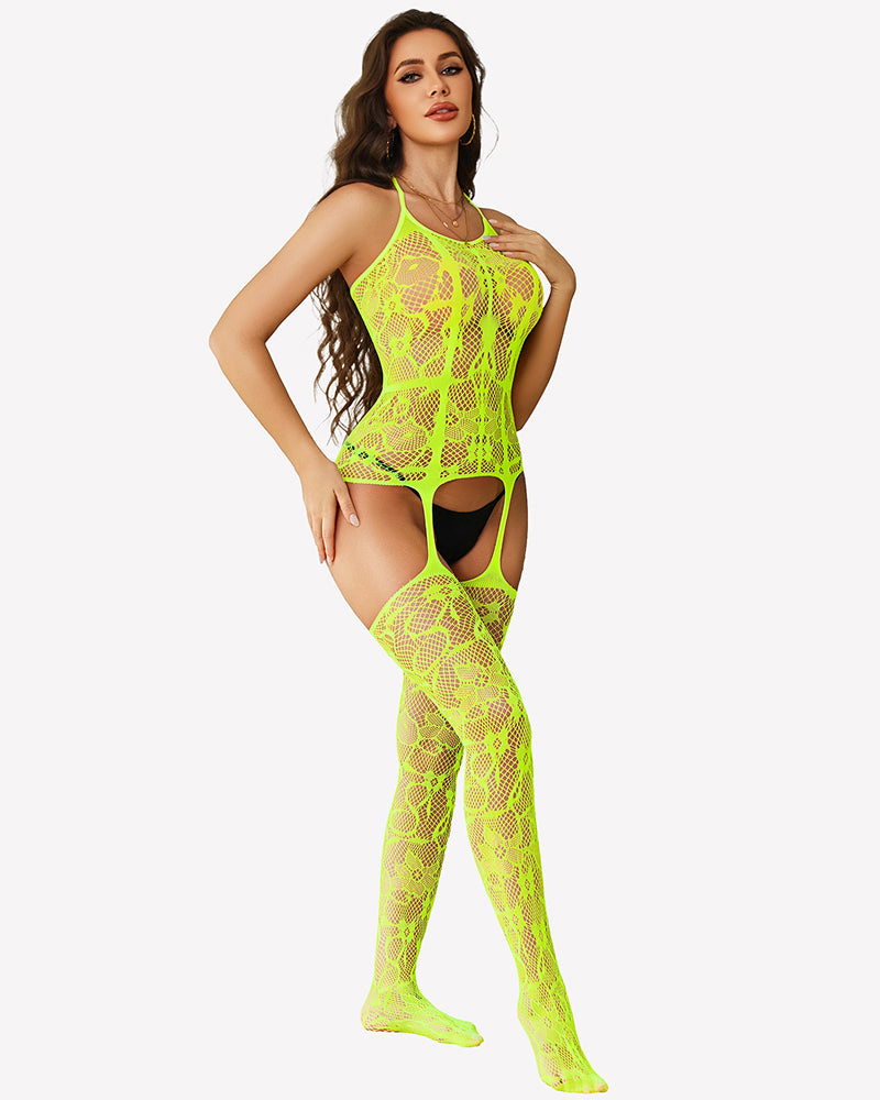 Neon green mesh bodysuit with halter straps and hip cutouts