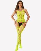 Neon green fishnet bodysuit with halter neckline and open crotch