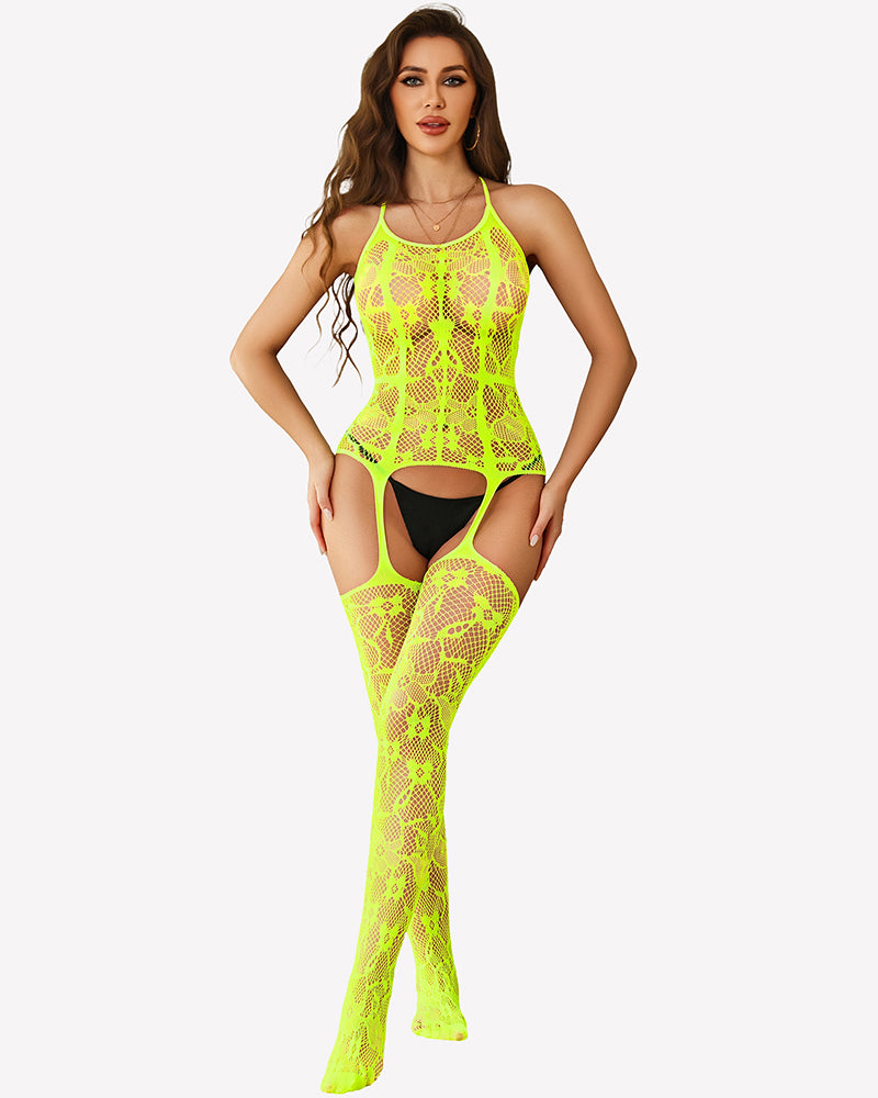Neon green fishnet bodysuit with halter neckline and open crotch