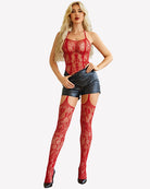Red mesh bodysuit with halter neckline, open-back cutout, and thigh-high stockings