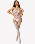 White fishnet body stocking with halter straps, cutout sides, and thigh-high legs