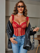 Red lace mesh bodysuit teddy with deep V cups and garter straps, ruffled lace trim