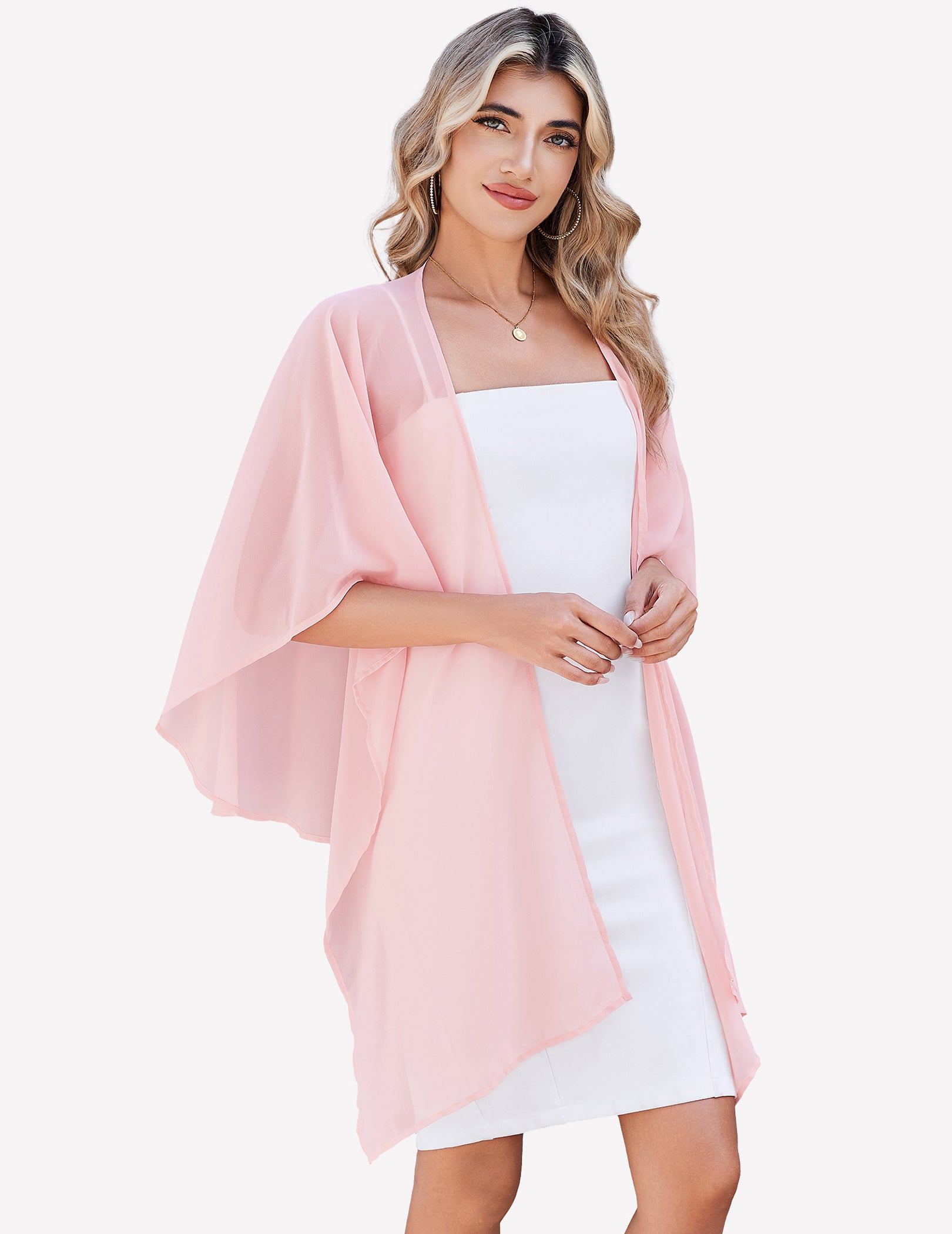 Sheer chiffon shawl wrap in light pink with flowing side drape