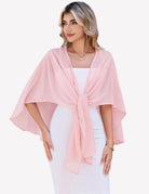 Sheer chiffon shawl wrap in light pink, tied at the front