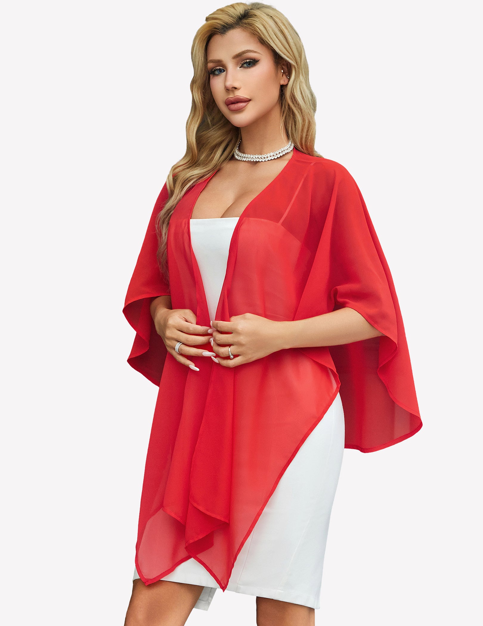 Sheer chiffon shawl wrap in red with shoulder drape and open center