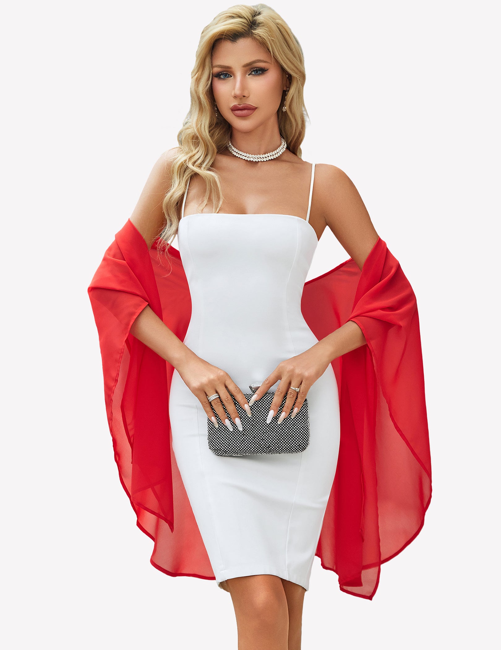Sheer chiffon shawl wrap in red with wide draped panels