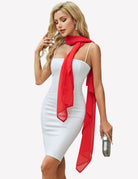 Sheer chiffon shawl wrap in red with neck scarf styling and hanging ends