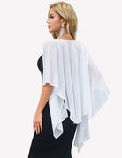 Light blue sheer chiffon shawl wrap draped in back with cascading folds