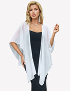 Light blue sheer chiffon shawl wrap draped over shoulders, with pointed ends