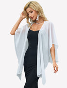 Light blue sheer chiffon shawl wrap with open front and flowing side panels