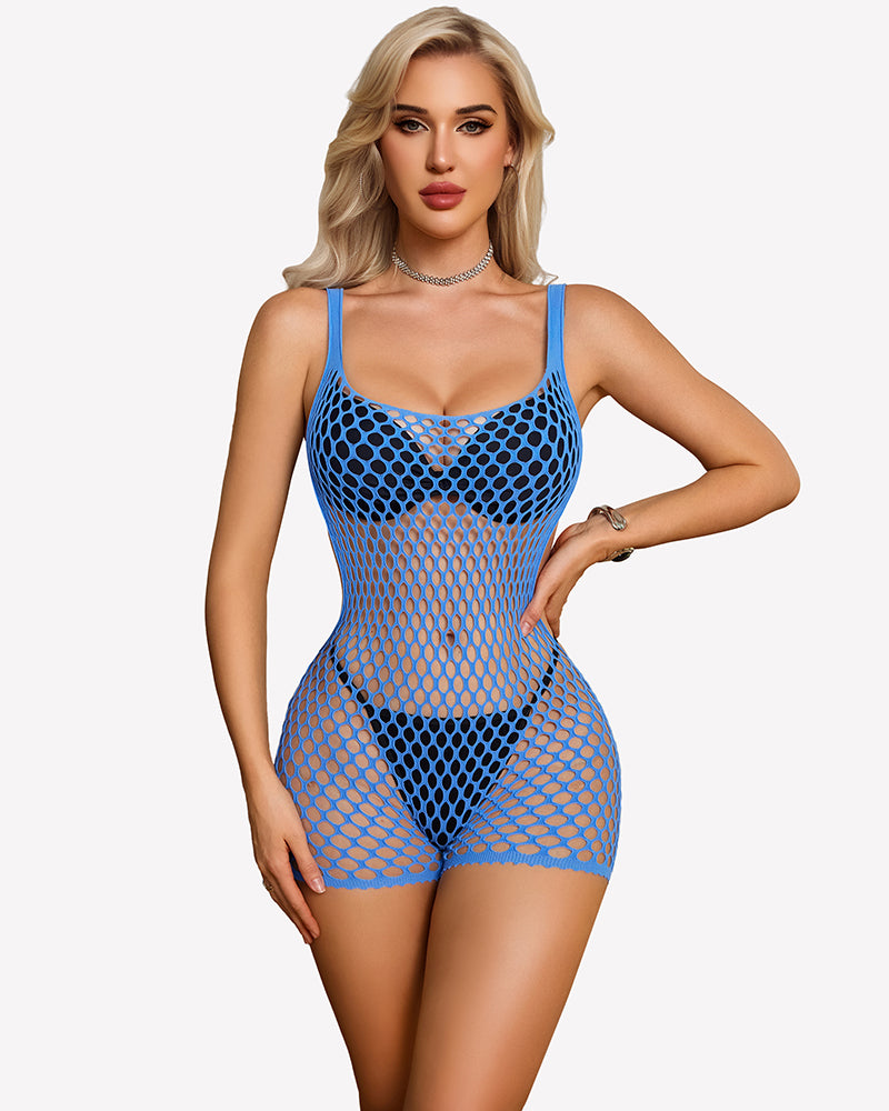 Fishnet mesh chemise in blue with scoop neckline and high-cut shorts