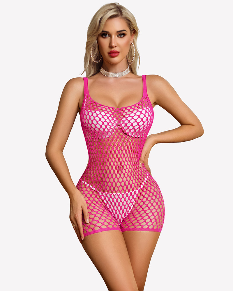 Fishnet mesh chemise in hot pink with scoop neckline and high-cut shorts