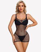 Fishnet mesh dress, black sleeveless one-piece with scoop neckline and fishnet pattern