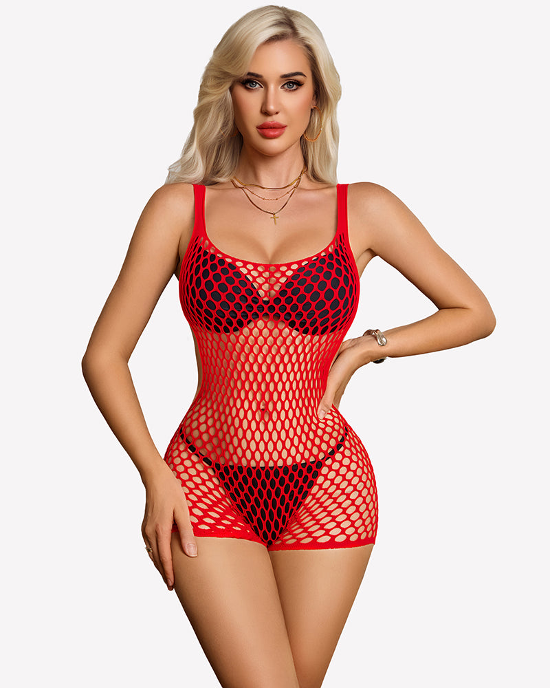 Fishnet mesh chemise in red with scoop neckline and high-cut shorts