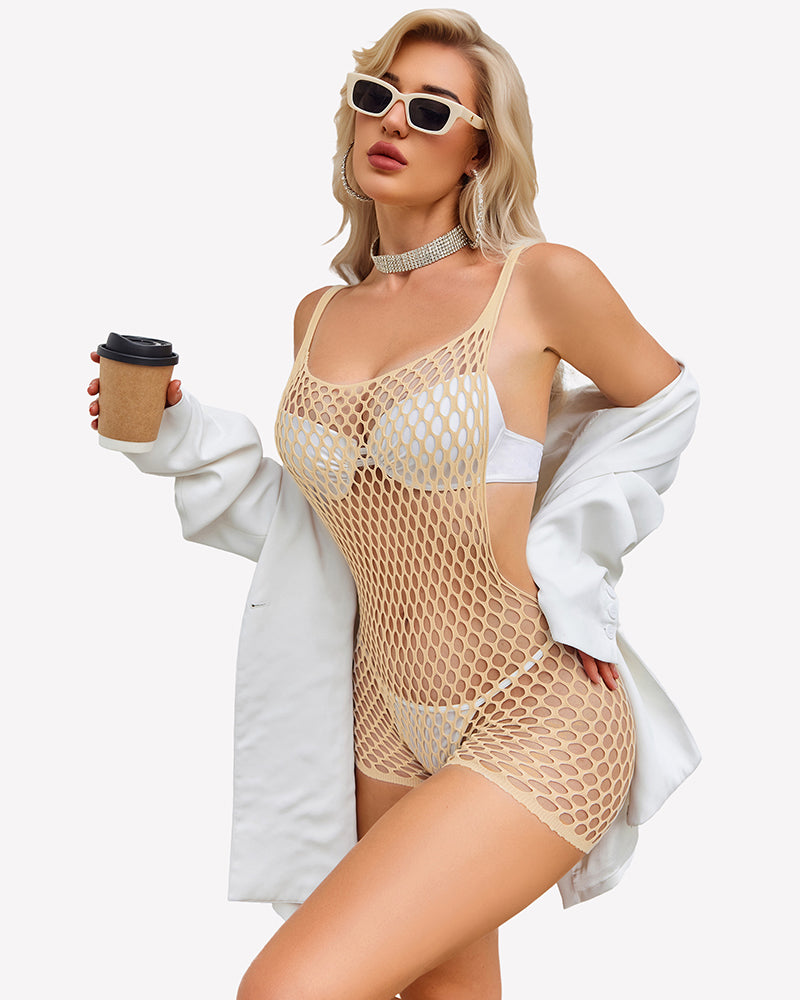 Fishnet mesh dress, cream, sleeveless fishnet with open-back cutouts