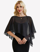 Sheer chiffon capelet with batwing sleeves, black wrap overlay