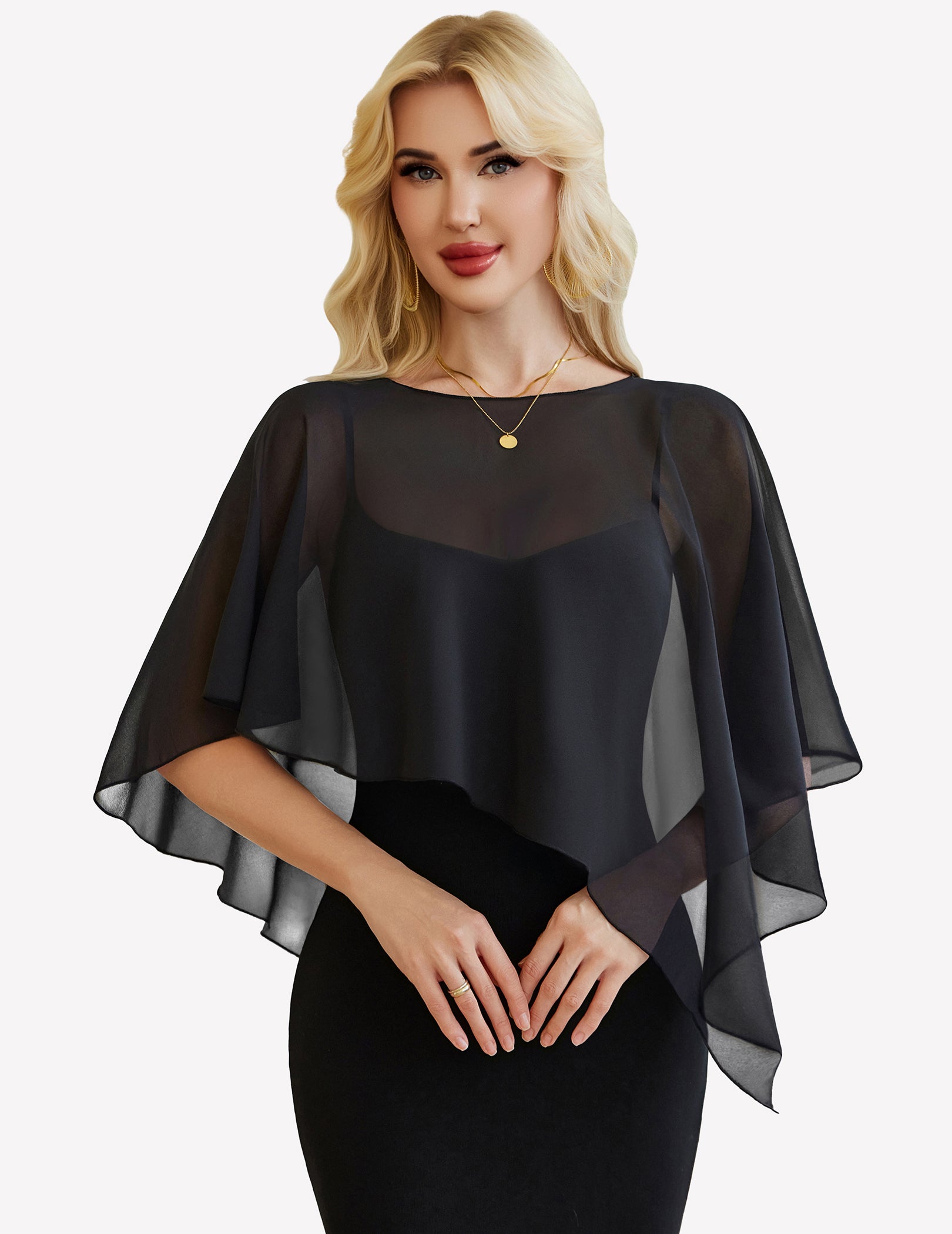 Sheer chiffon capelet with batwing sleeves, black wrap overlay