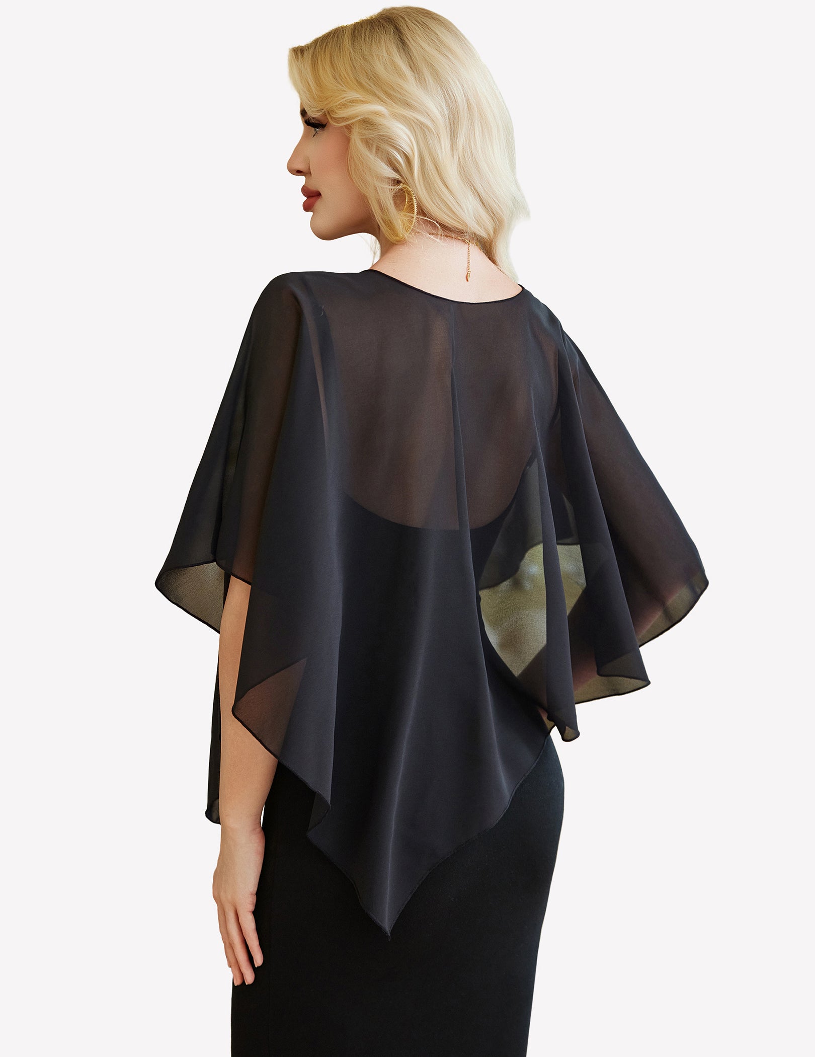 Sheer chiffon capelet with batwing sleeves, black wrap overlay (back view)