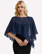 Sheer chiffon capelet with batwing sleeves, deep navy wrap overlay
