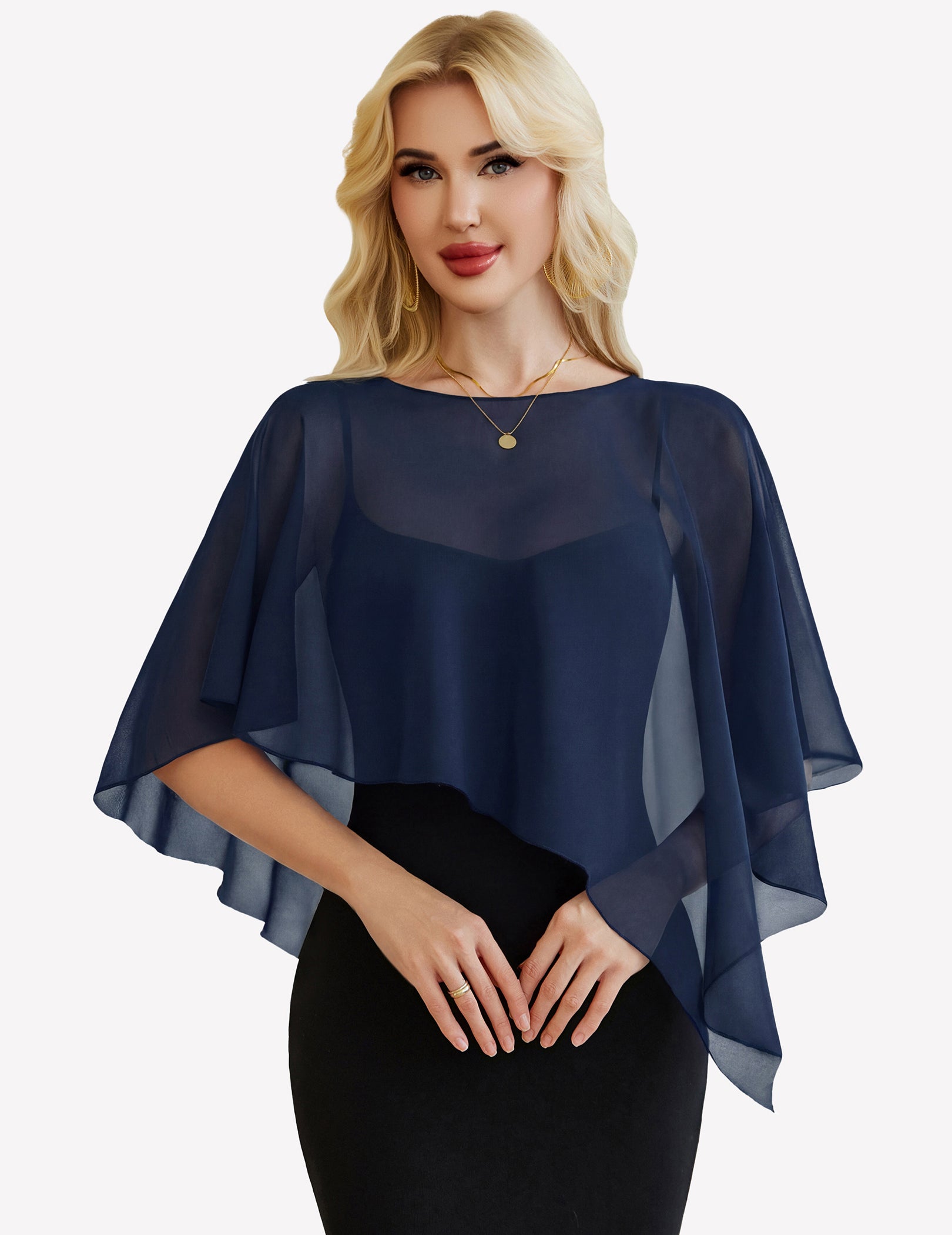 Sheer chiffon capelet with batwing sleeves, deep navy wrap overlay