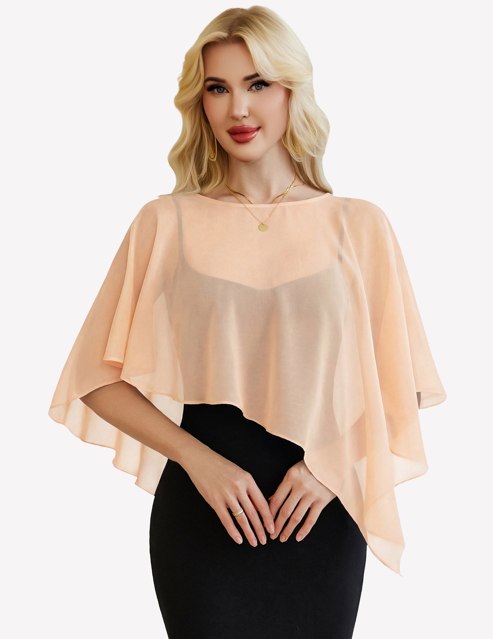 Sheer chiffon capelet with batwing sleeves, champagne-beige wrap overlay