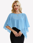 Sheer chiffon capelet with batwing sleeves, light blue wrap overlay