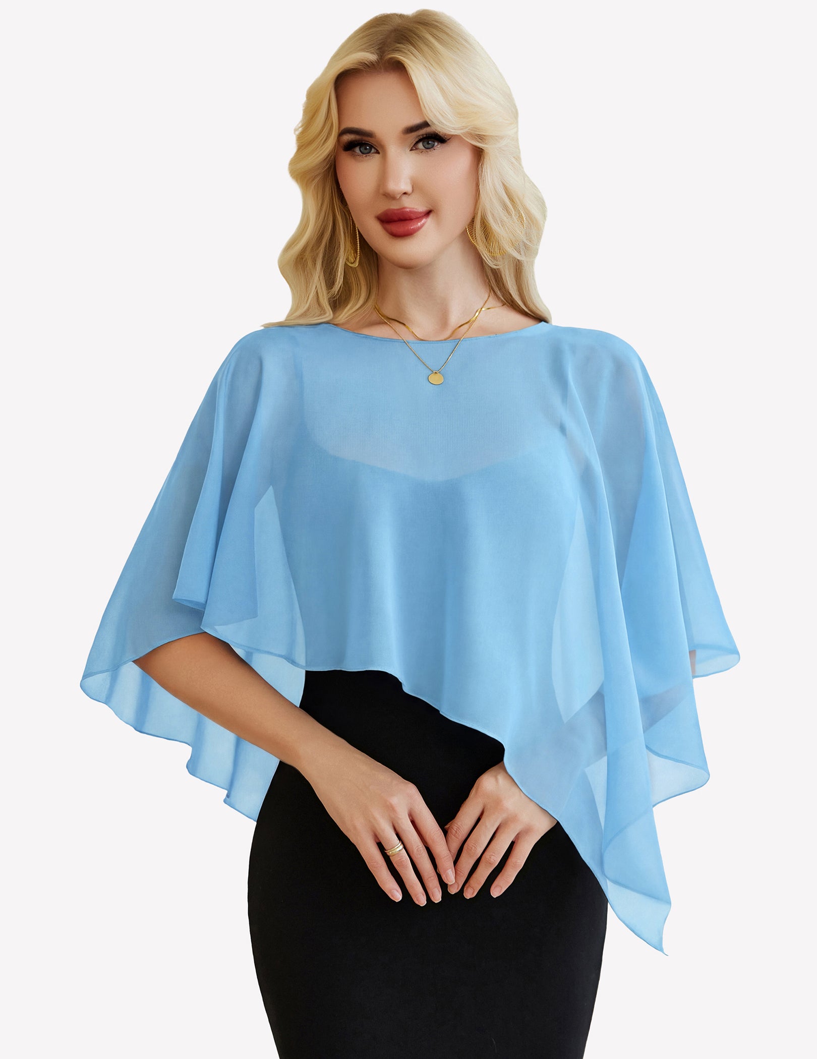 Sheer chiffon capelet with batwing sleeves, light blue wrap overlay