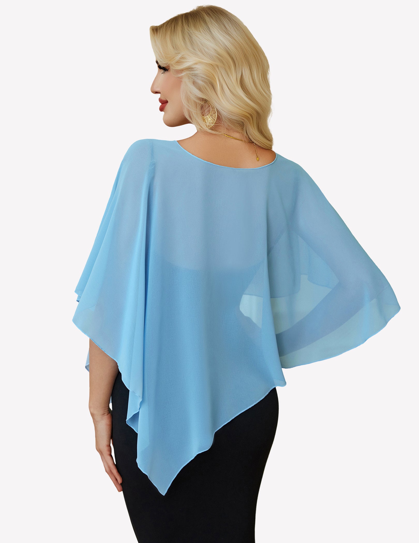 Sheer chiffon capelet with batwing sleeves, light blue wrap overlay (back view)