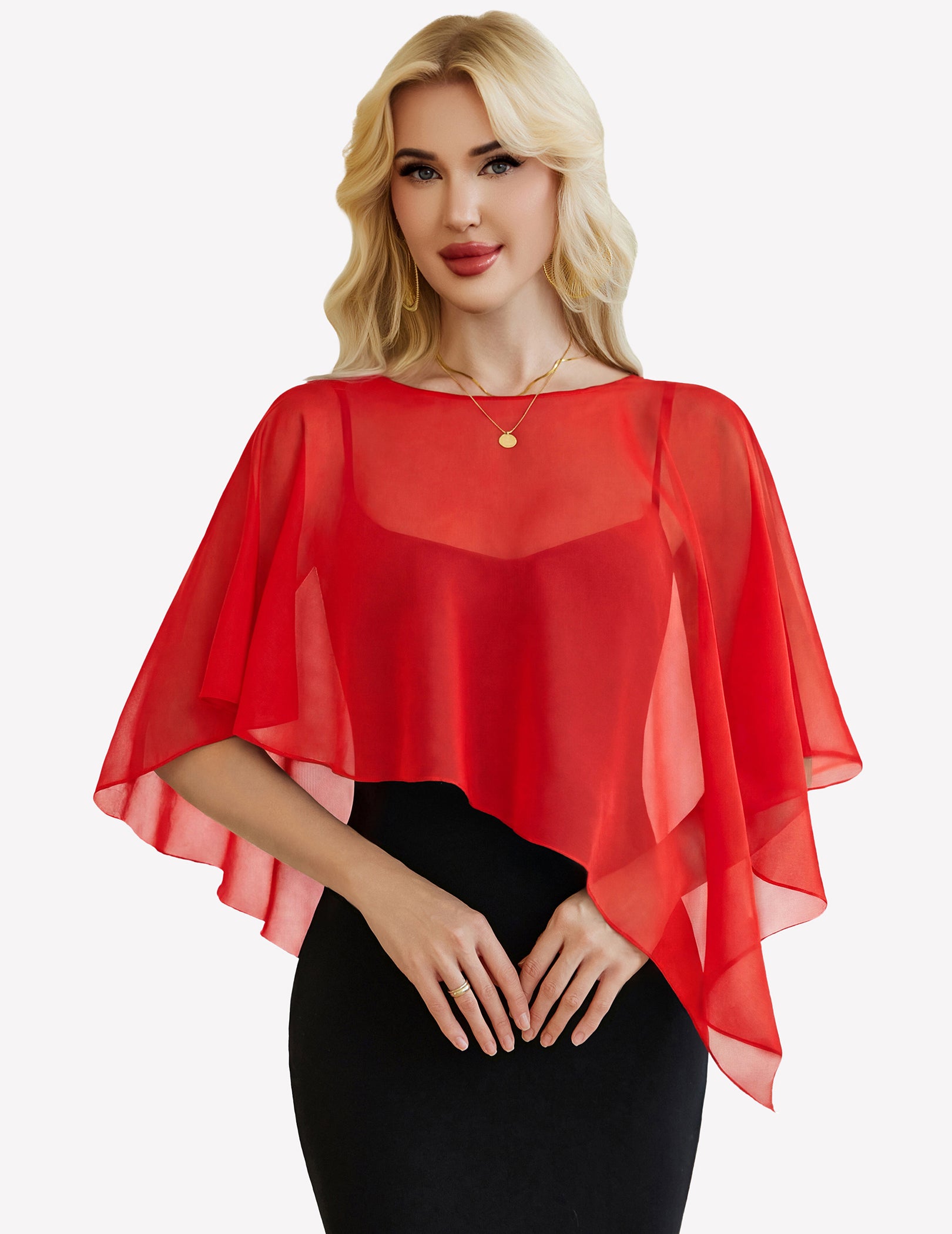 Sheer chiffon capelet with batwing sleeves, red wrap overlay