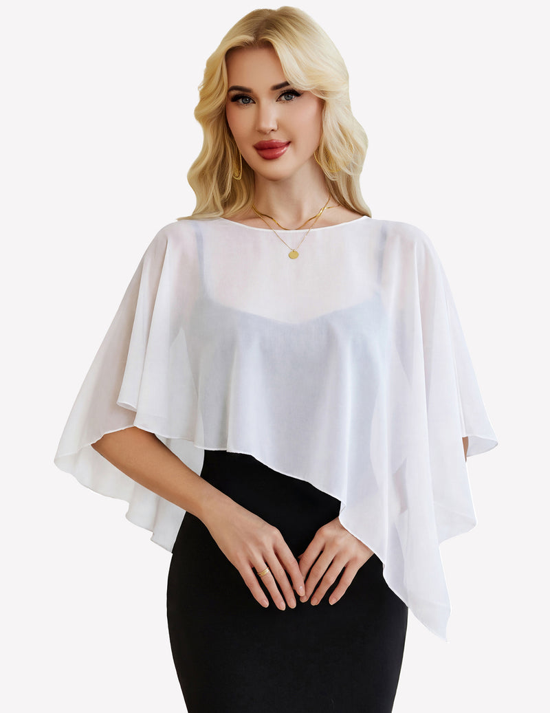 White chiffon capelet wrap with batwing sleeves, sheer overlay